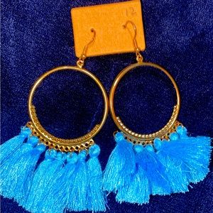 Baby blue fringe hoop earrings